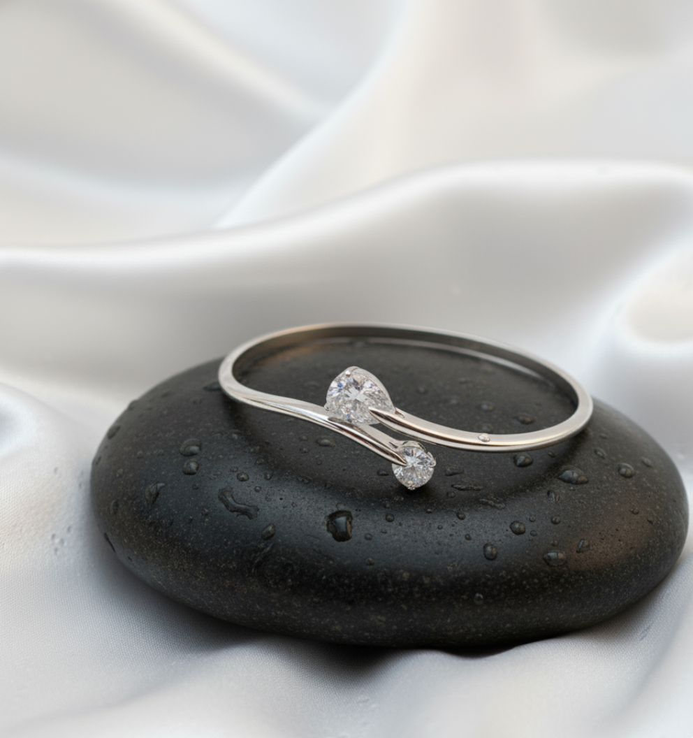 Silver-Toned Stainless Steel Cuff Bracelet with Dual CZ Stones | Anti-Tarnish