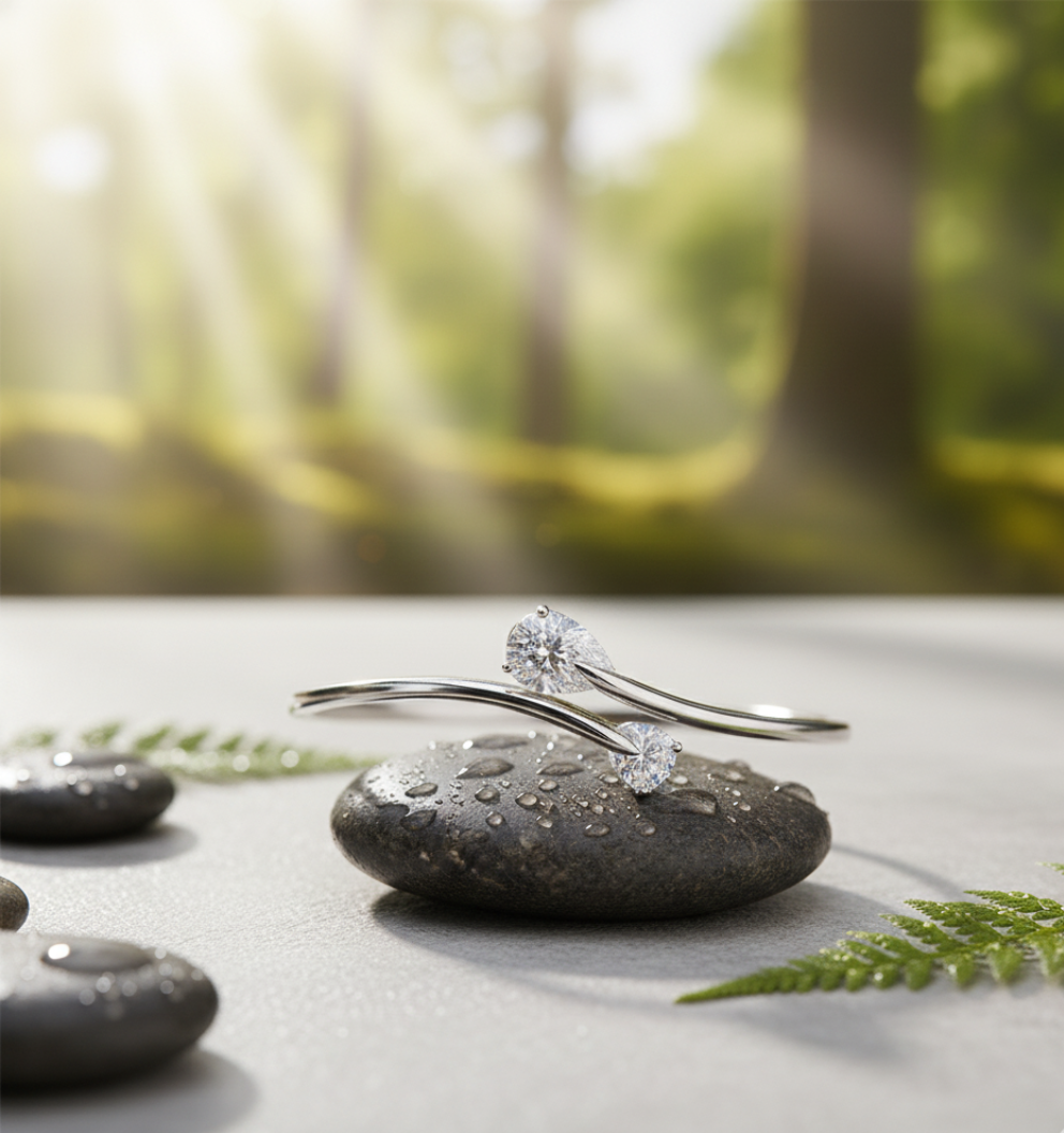 Silver-Toned Stainless Steel Cuff Bracelet with Dual CZ Stones | Anti-Tarnish - Image 3