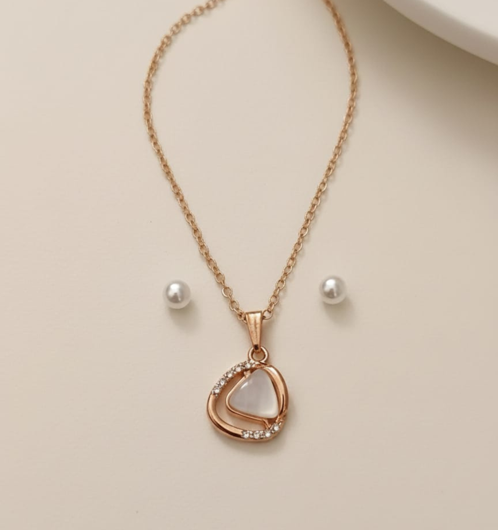 Rose Gold Irregular Pendant Necklace with Pearl Studs | Anti-Tarnish Stainless Steel