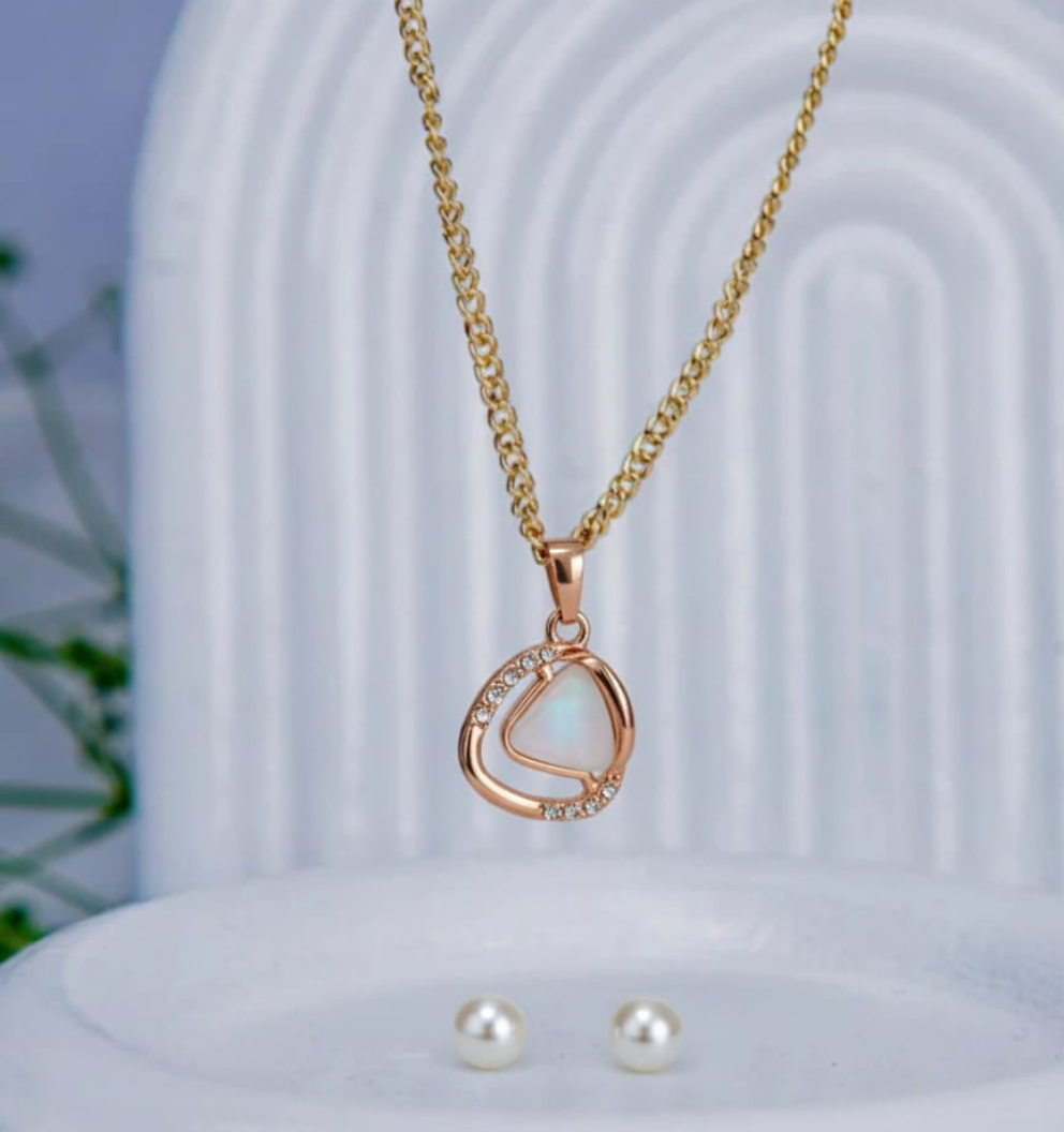 Rose Gold Irregular Pendant Necklace with Pearl Studs | Anti-Tarnish Stainless Steel - Image 2