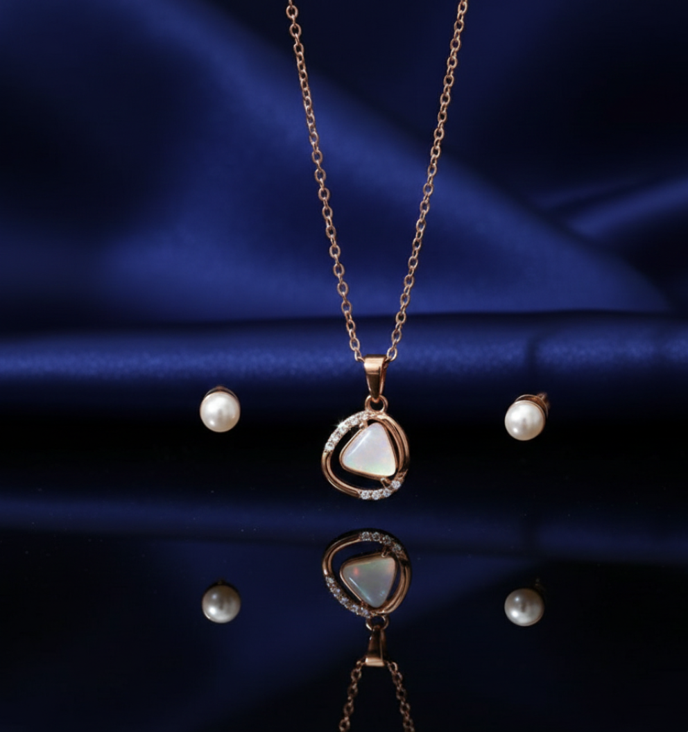 Rose Gold Irregular Pendant Necklace with Pearl Studs | Anti-Tarnish Stainless Steel - Image 3