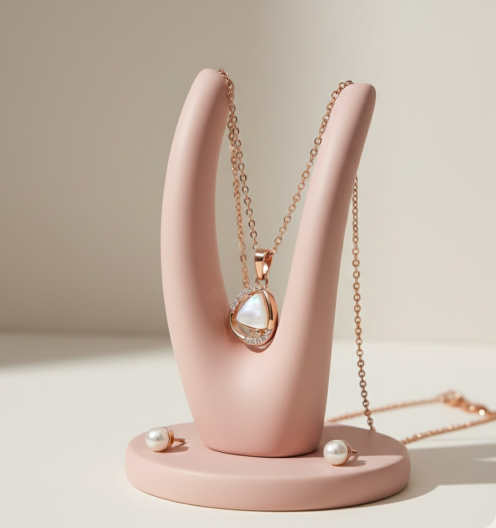 Rose Gold Irregular Pendant Necklace with Pearl Studs | Anti-Tarnish Stainless Steel - Image 4