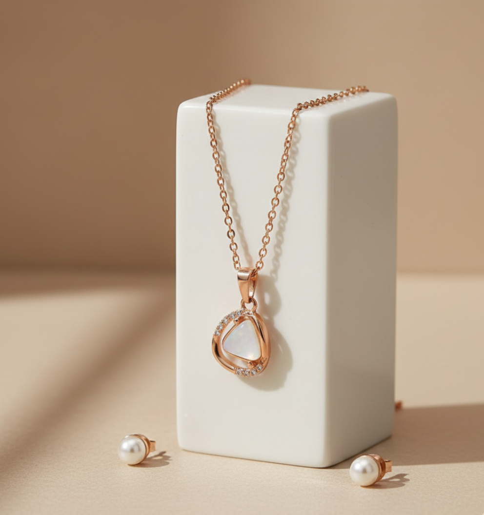 Rose Gold Irregular Pendant Necklace with Pearl Studs | Anti-Tarnish Stainless Steel - Image 5