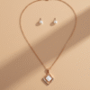 Rose Gold Square Pendant Necklace with Pearl Stud Earrings | Anti-Tarnish Stainless Steel