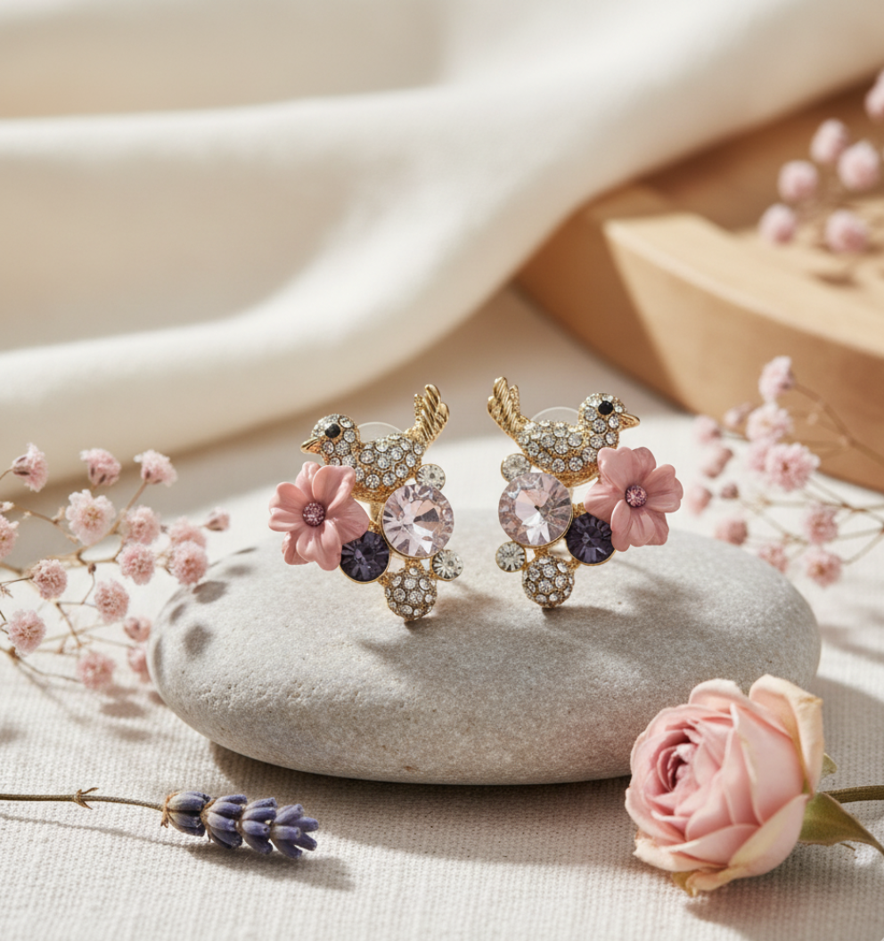 Gold-Plated Bird & Flower Stud Earrings for Women – Pink & Clear Crystal Stylish Studs - Image 2