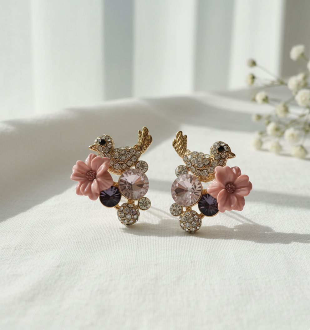 Gold-Plated Bird & Flower Stud Earrings for Women – Pink & Clear Crystal Stylish Studs
