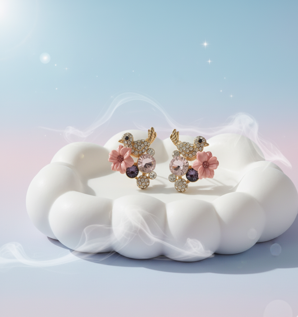 Gold-Plated Bird & Flower Stud Earrings for Women – Pink & Clear Crystal Stylish Studs - Image 4