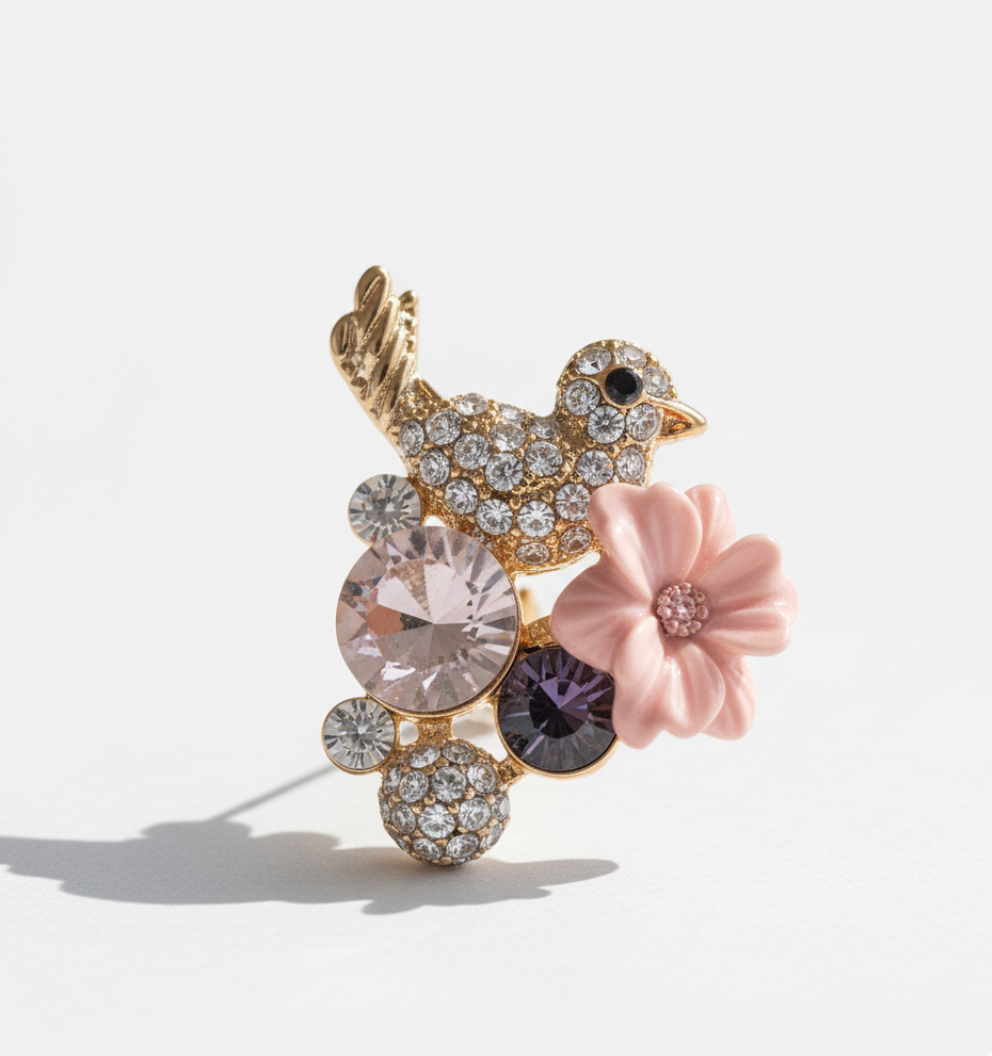 Gold-Plated Bird & Flower Stud Earrings for Women – Pink & Clear Crystal Stylish Studs - Image 3