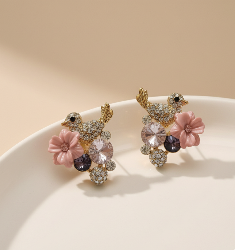 Gold-Plated Bird & Flower Stud Earrings for Women – Pink & Clear Crystal Stylish Studs - Image 5