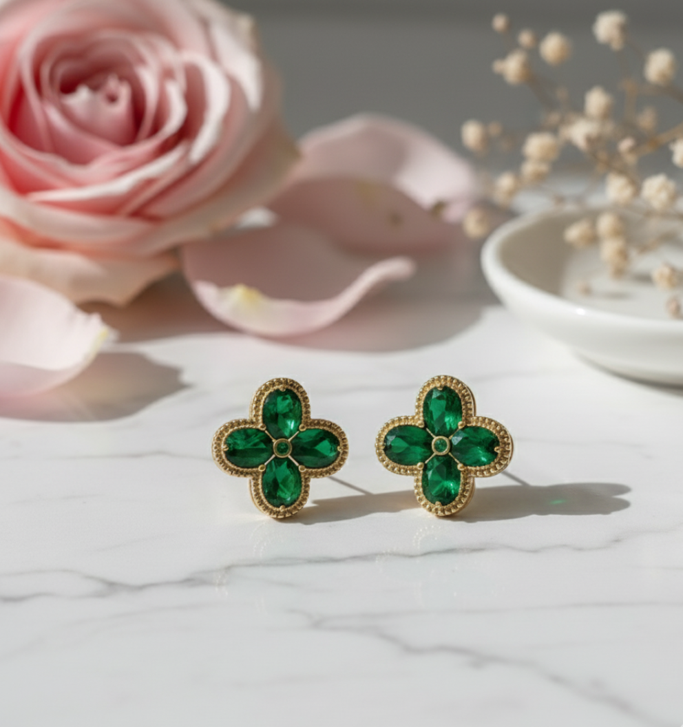 Green Clover Stud Earrings - Stainless Steel Elegant Anti-Tarnish Floral Studs - Image 2