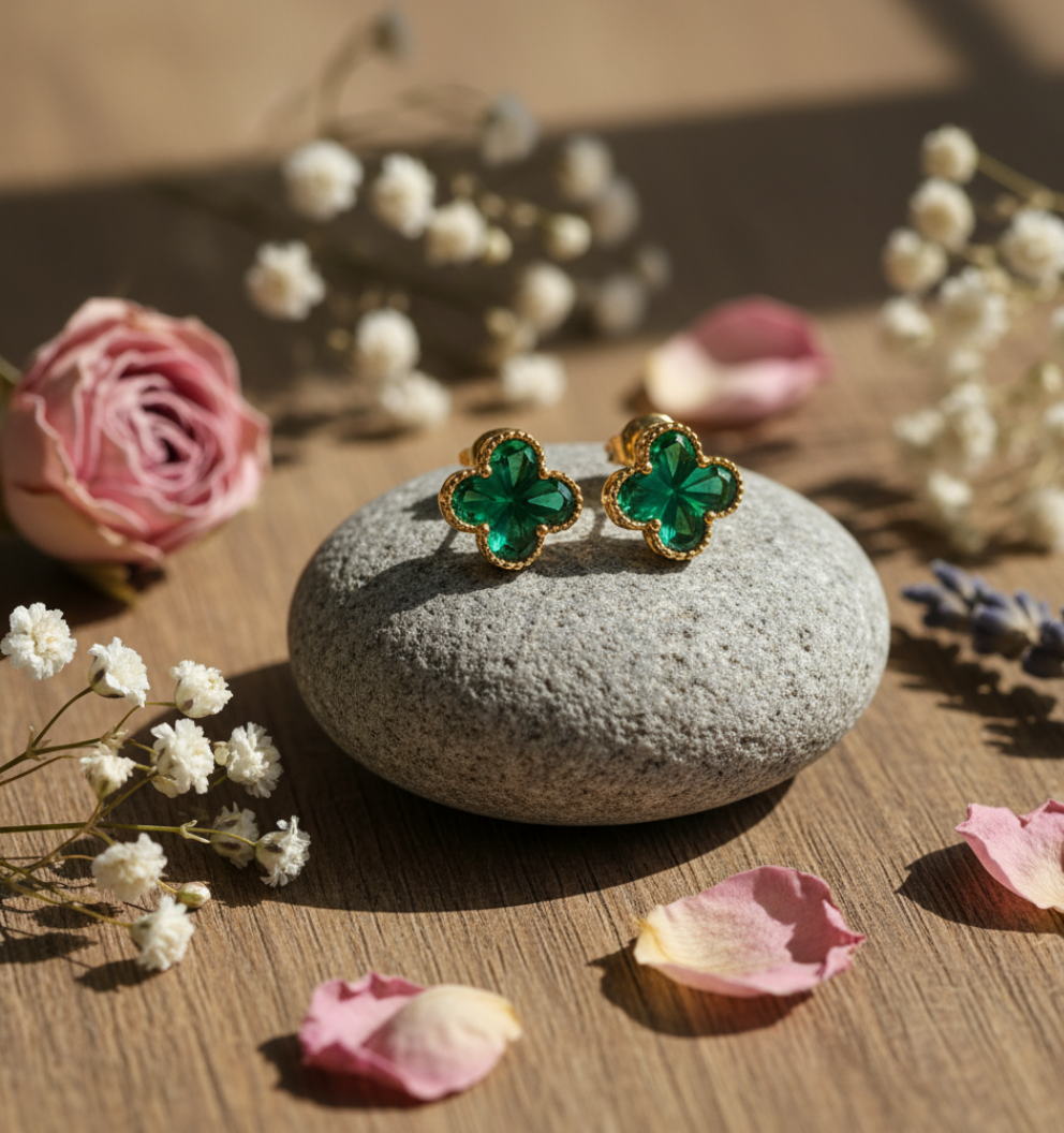 Green Clover Stud Earrings - Stainless Steel Elegant Anti-Tarnish Floral Studs - Image 3