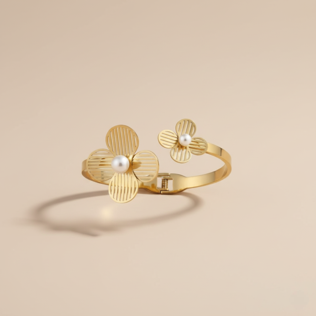 Gold Plated Flower Pearl Bracelet for Women - Floral Cuff Design