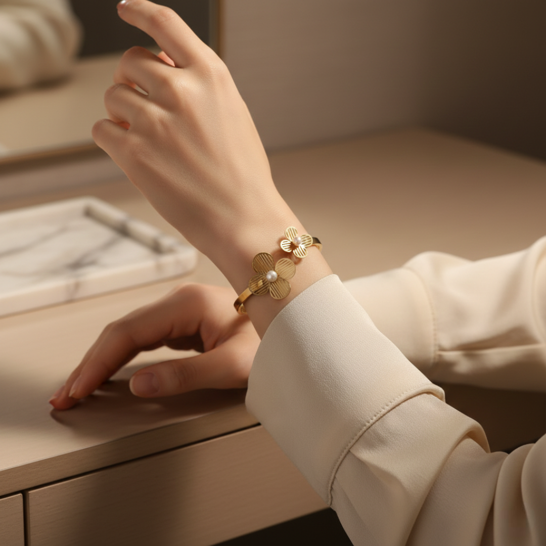 Gold Plated Flower Pearl Bracelet for Women - Floral Cuff Design - Image 2